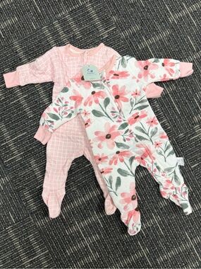 Pink Floral & Light Pink Grid Baby Footed One-Piece Set